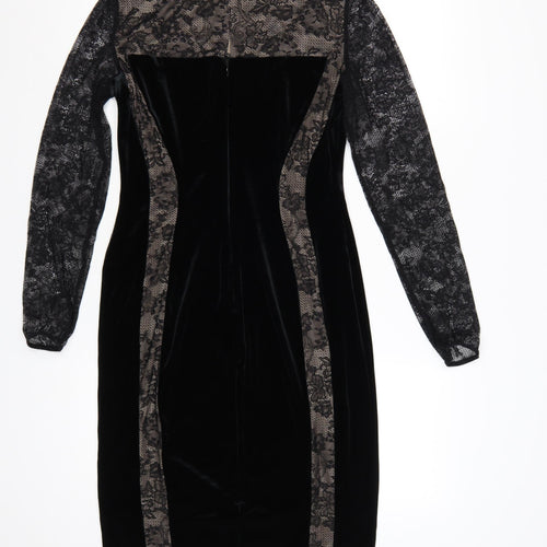 M&S Women Black UK 12 Velvet Lace Bodycon Knee Dress