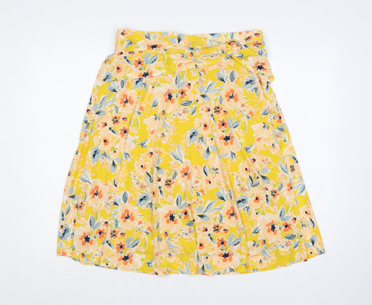 Damart Women Yellow Floral UK 18 Knee Length Flare Skirt D-Ring