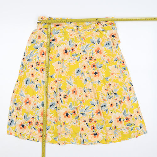 Damart Women Yellow Floral UK 18 Knee Length Flare Skirt D-Ring