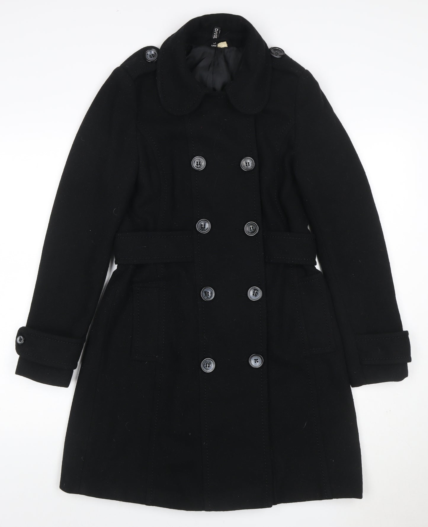 H&M Divided Women's Black UK 10 Double-Breasted Wool Pea Coat