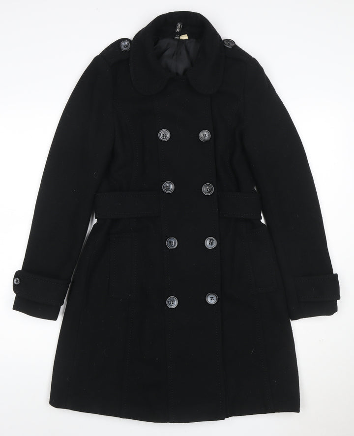 H&M Divided Women's Black UK 10 Double-Breasted Wool Pea Coat