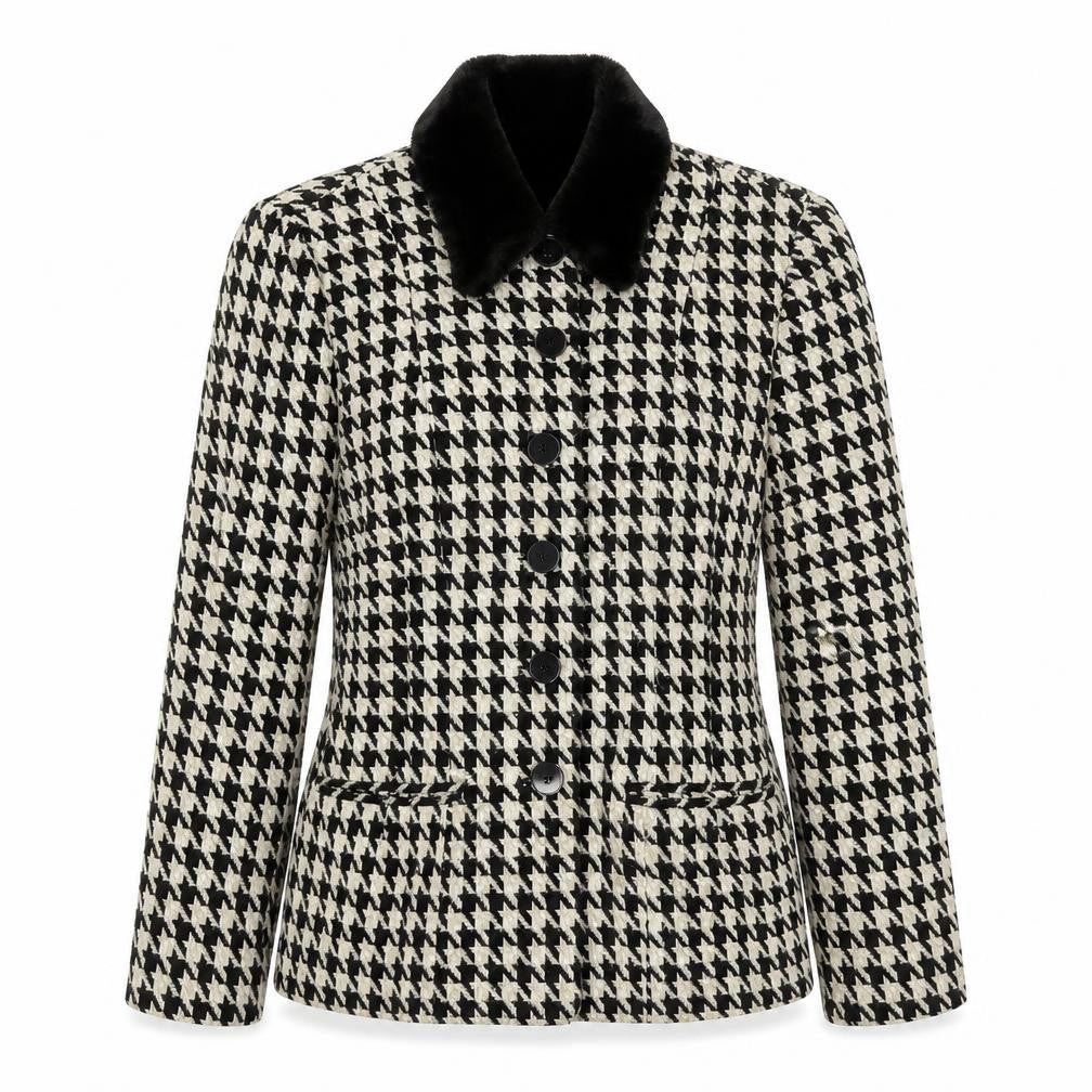 Front view of Wallis Women's Black Ivory UK 10 Houndstooth Tweed Blazer Jacket