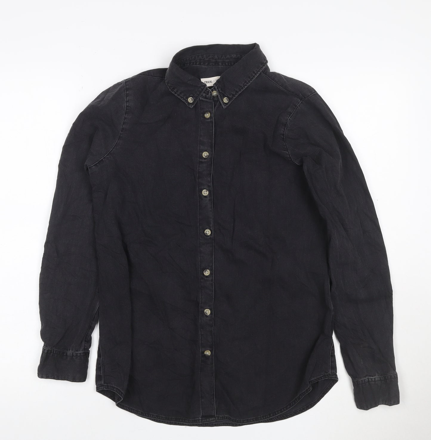 ASOS Women Black Denim Button-Up Shirt UK 8 Long Sleeve Collared