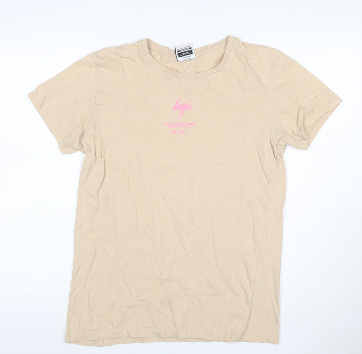 Hype Women's Beige Size M Basic Cotton Crew Neck Logo T-Shirt