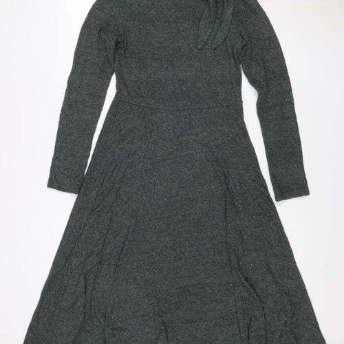 Zara Women Grey Marl S Knit Jumper Dress V-Neck Long Sleeve Tie