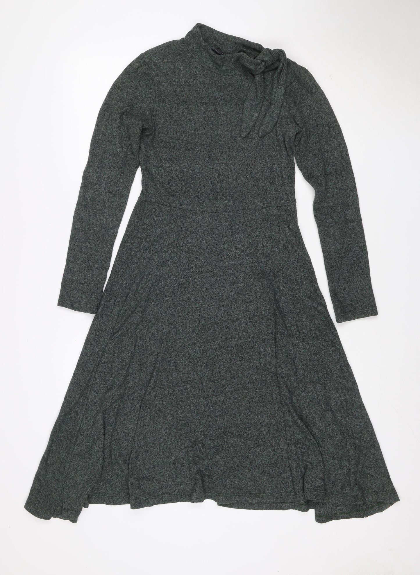 Zara Women Grey Marl S Knit Jumper Dress V-Neck Long Sleeve Tie