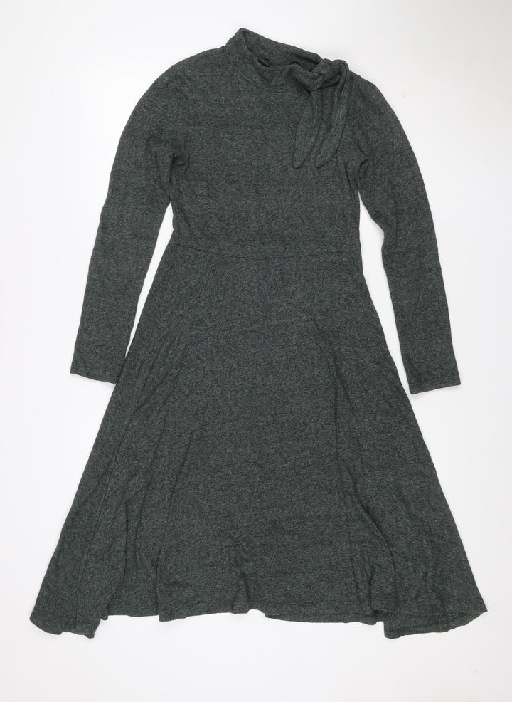 Zara Women Grey Marl S Knit Jumper Dress V-Neck Long Sleeve Tie