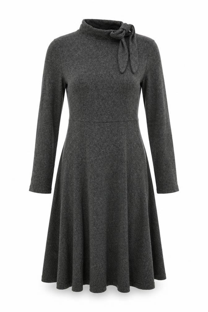 Zara Women Grey Marl S Knit Jumper Dress V-Neck Long Sleeve Tie