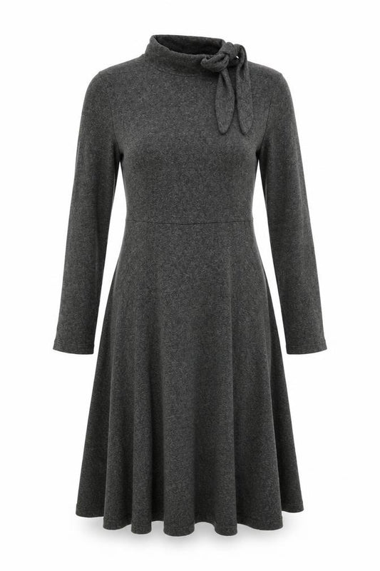 Front view of Zara Women Grey Marl S Knit Jumper Dress V-Neck Long Sleeve Tie