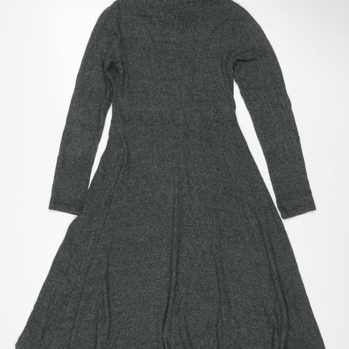 Zara Women Grey Marl S Knit Jumper Dress V-Neck Long Sleeve Tie