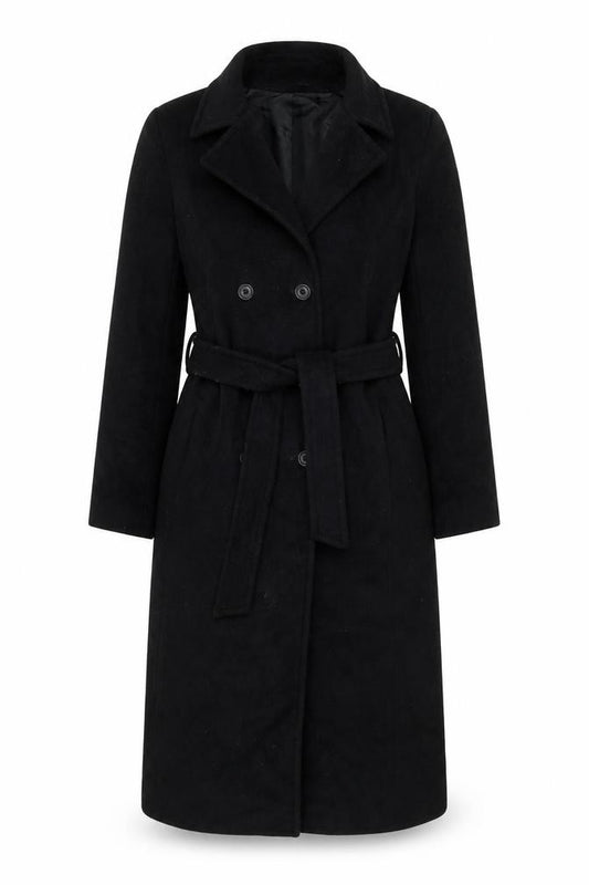 Warehouse Women Black UK 14 Wool Cashmere Belted Double Breasted Coat
