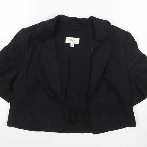 M&S Women Black UK 12 Linen Short Sleeve Belted Blazer Jacket