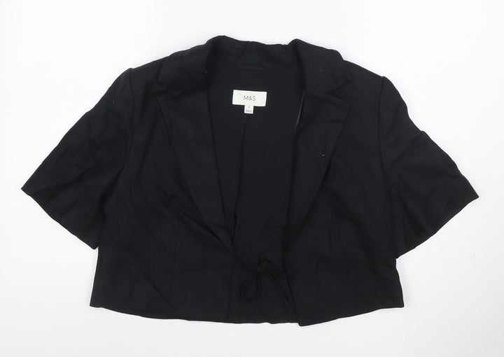 M&S Women Black UK 12 Linen Short Sleeve Belted Blazer Jacket