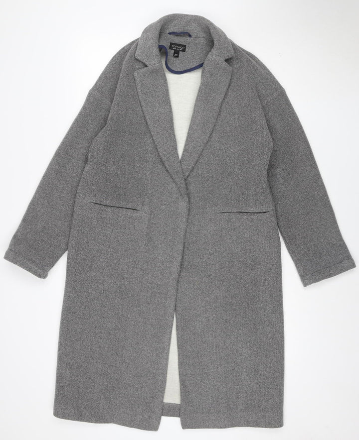 Topshop Women Grey UK 10 Long Wool Blend Overcoat Snap Front Pockets