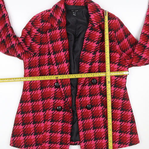 New Look Women Pink Check Wool Blend Pea Coat UK 10 Lined
