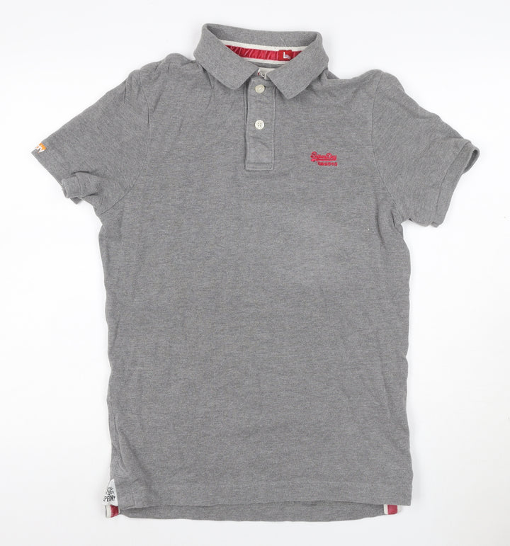Superdry Men’s Grey Logo Embroidered Short Sleeve Polo Shirt Size L