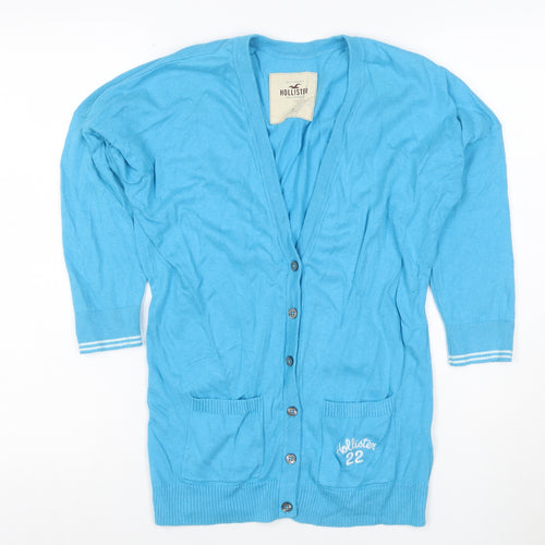 Hollister Women Blue M V-Neck Button Logo Knit Cardigan