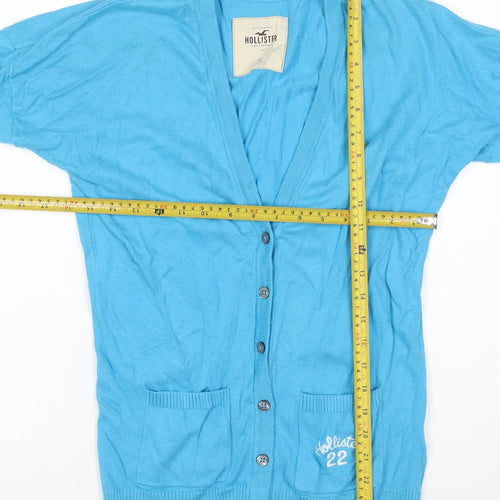 Hollister Women Blue M V-Neck Button Logo Knit Cardigan