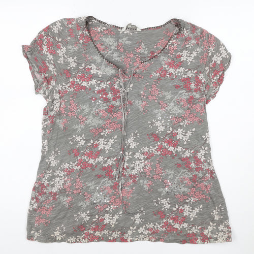 John Rocha Women Grey Floral Sequin Tie V-Neck Cap Sleeve Blouse Size 14