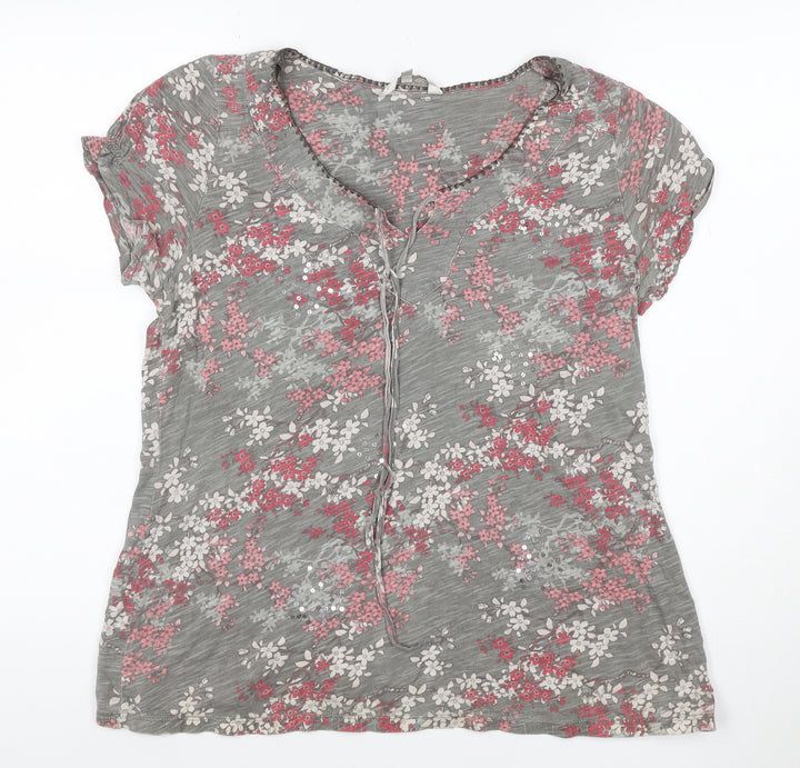 John Rocha Women Grey Floral Sequin Tie V-Neck Cap Sleeve Blouse Size 14