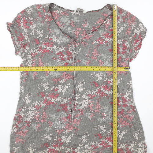 John Rocha Women Grey Floral Sequin Tie V-Neck Cap Sleeve Blouse Size 14