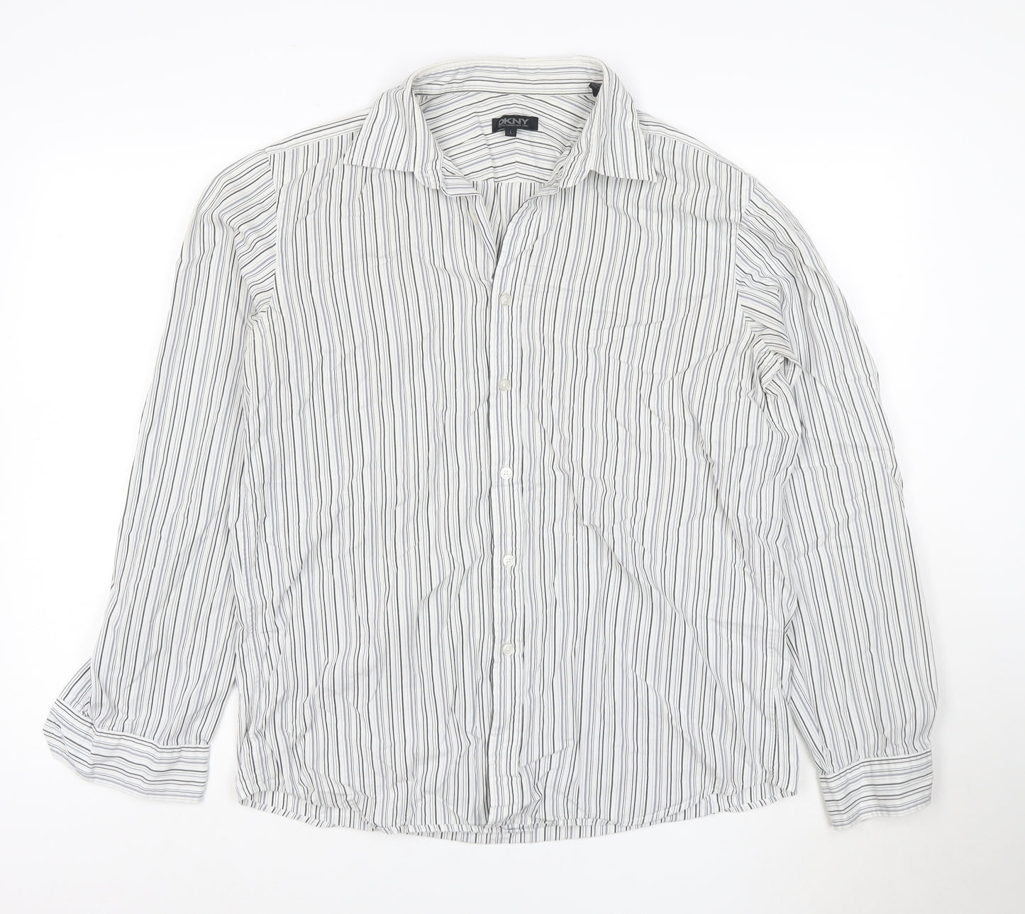 DKNY Men’s White Grey Striped Long Sleeve Button-Up Shirt Size L