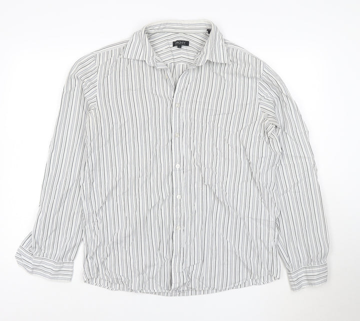 DKNY Men’s White Grey Striped Long Sleeve Button-Up Shirt Size L