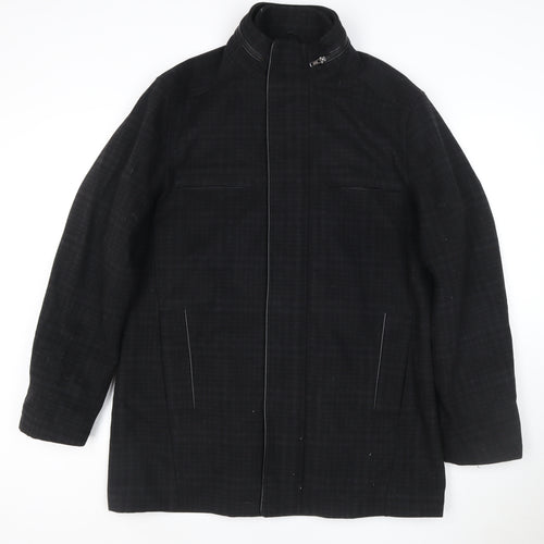 River Island Men Black Check Wool Blend Zip Overcoat UK L