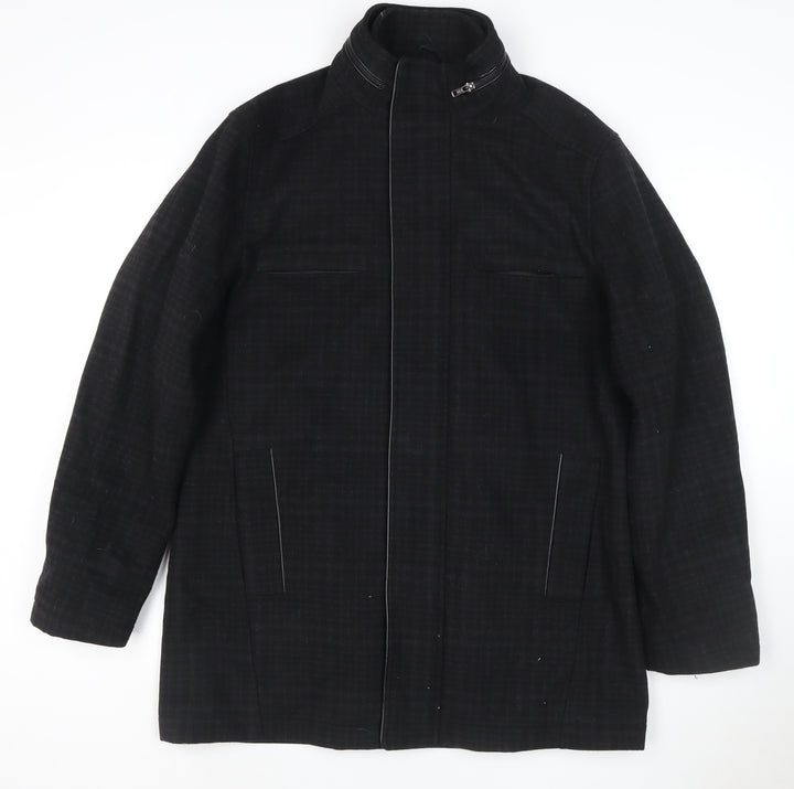 River Island Men Black Check Wool Blend Zip Overcoat UK L