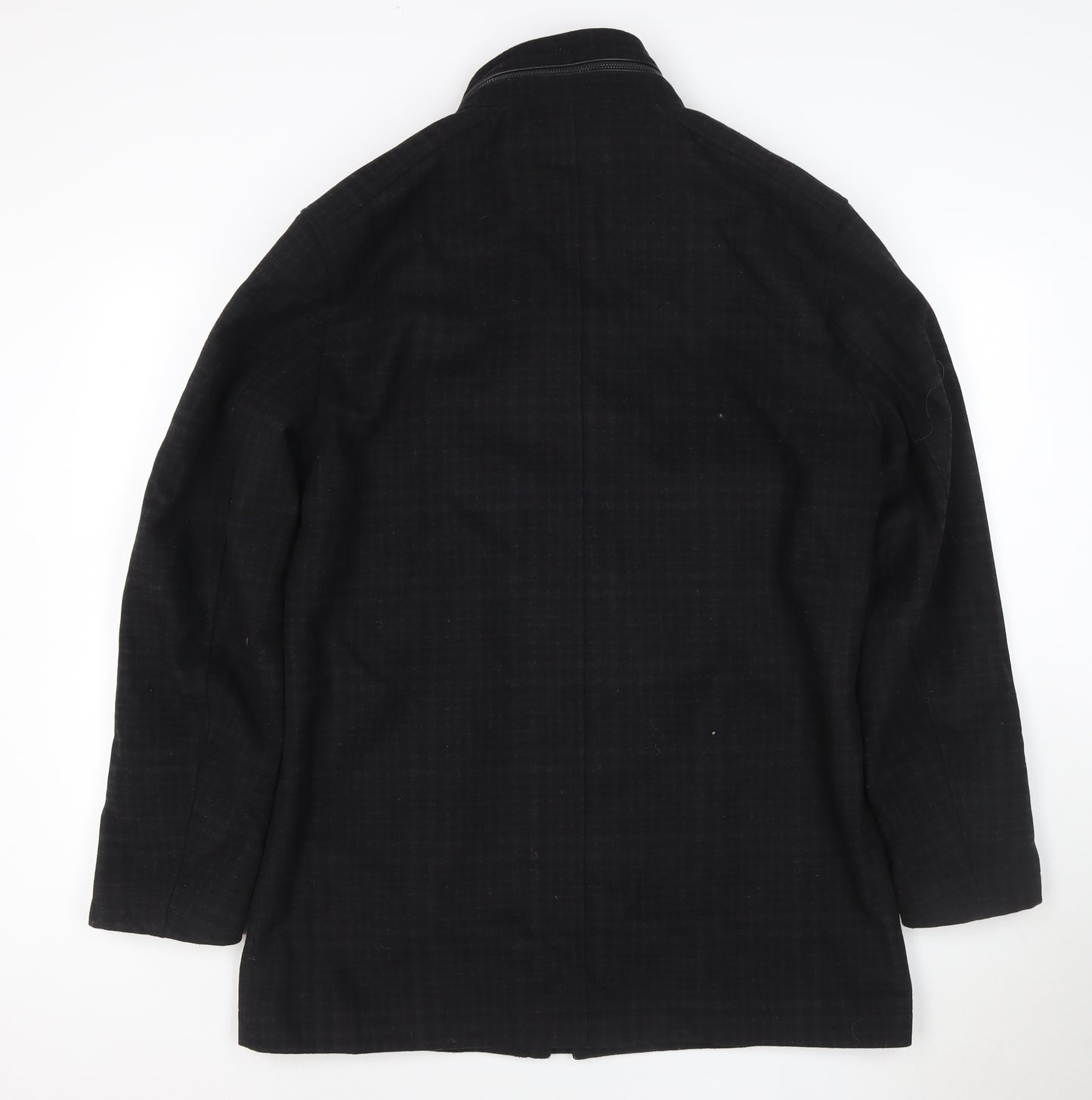 River Island Men Black Check Wool Blend Zip Overcoat UK L