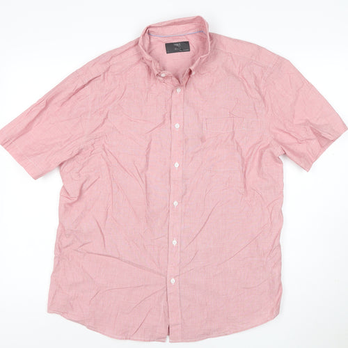 Marks & Spencer Men Pink L Regular Cotton Short Sleeve Button-Up Shirt
