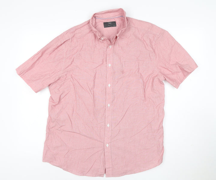 Marks & Spencer Men Pink L Regular Cotton Short Sleeve Button-Up Shirt