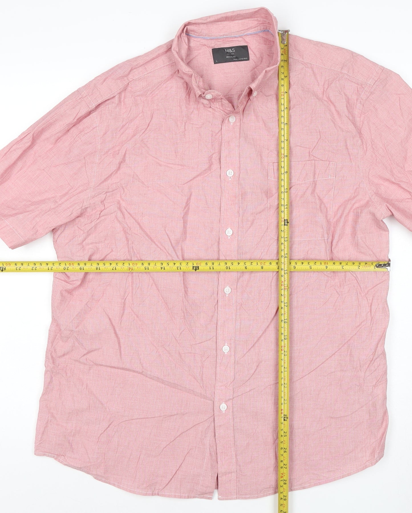 Marks & Spencer Men Pink L Regular Cotton Short Sleeve Button-Up Shirt