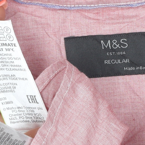 Marks & Spencer Men Pink L Regular Cotton Short Sleeve Button-Up Shirt