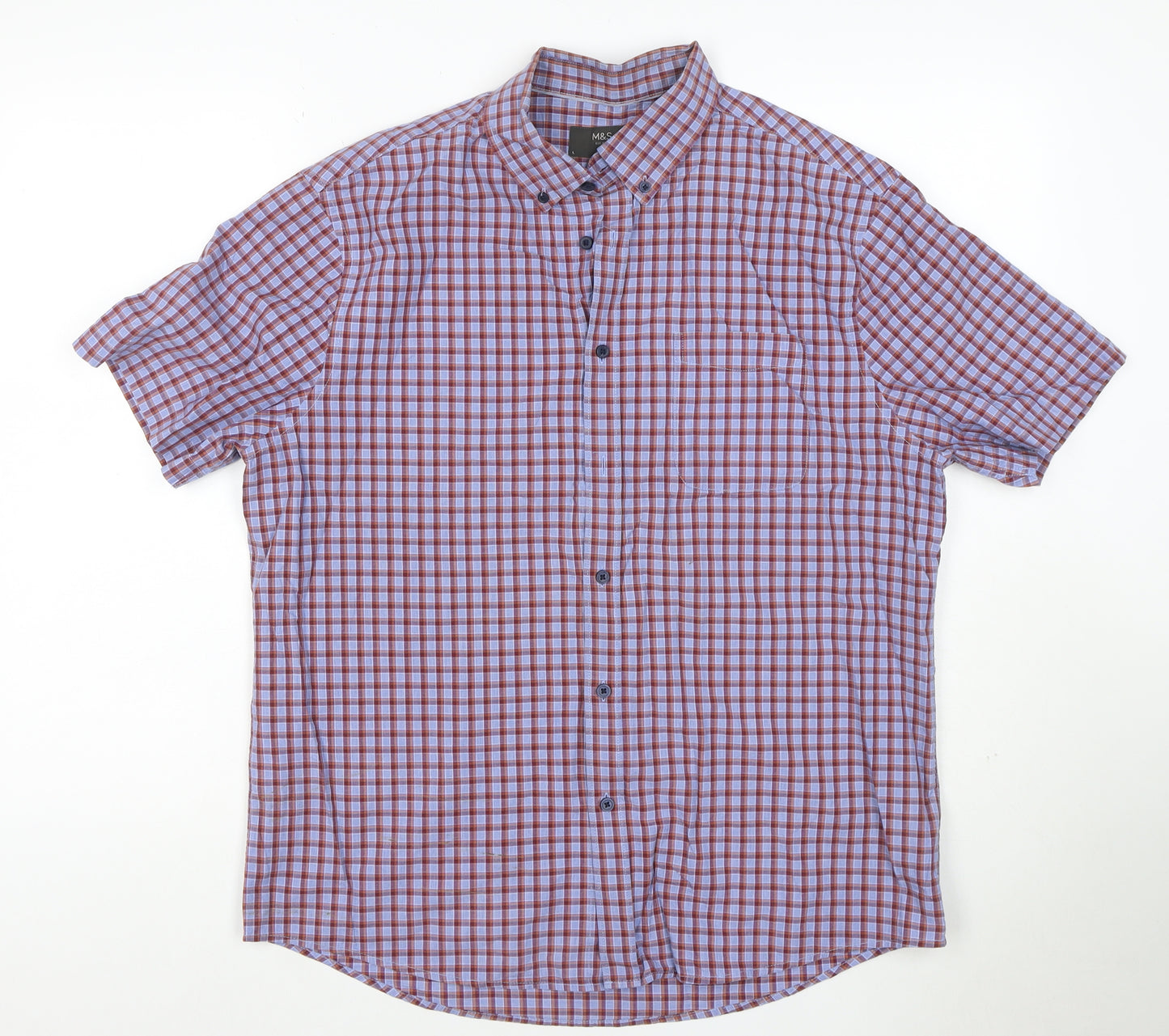Marks and Spencer Men Blue Check Cotton Short Sleeve Shirt L Button-Down