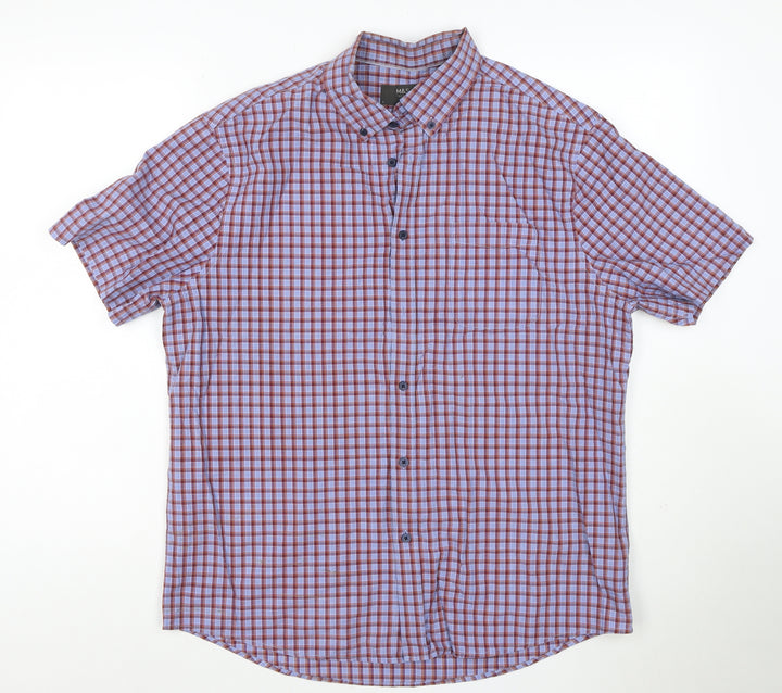 Marks and Spencer Men Blue Check Cotton Short Sleeve Shirt L Button-Down