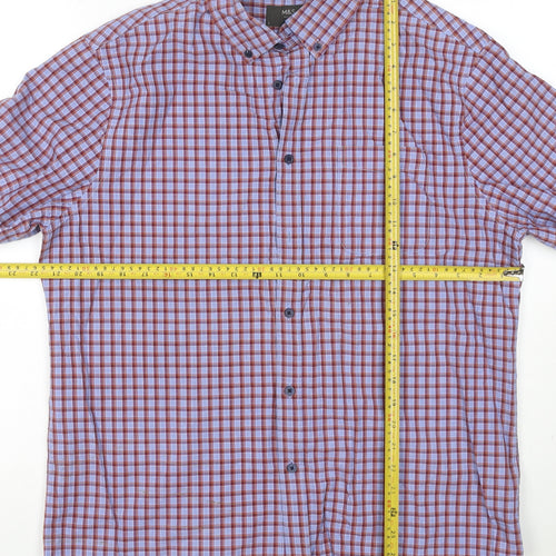 Marks and Spencer Men Blue Check Cotton Short Sleeve Shirt L Button-Down