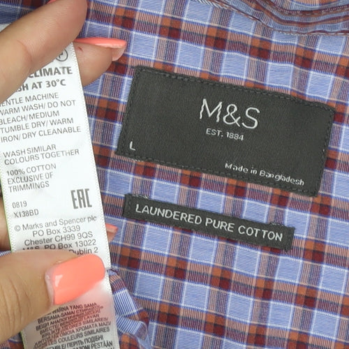 Marks and Spencer Men Blue Check Cotton Short Sleeve Shirt L Button-Down