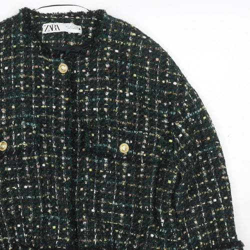 Zara Women Green S Bouclé Check Gold Button Double-Breasted Jacket