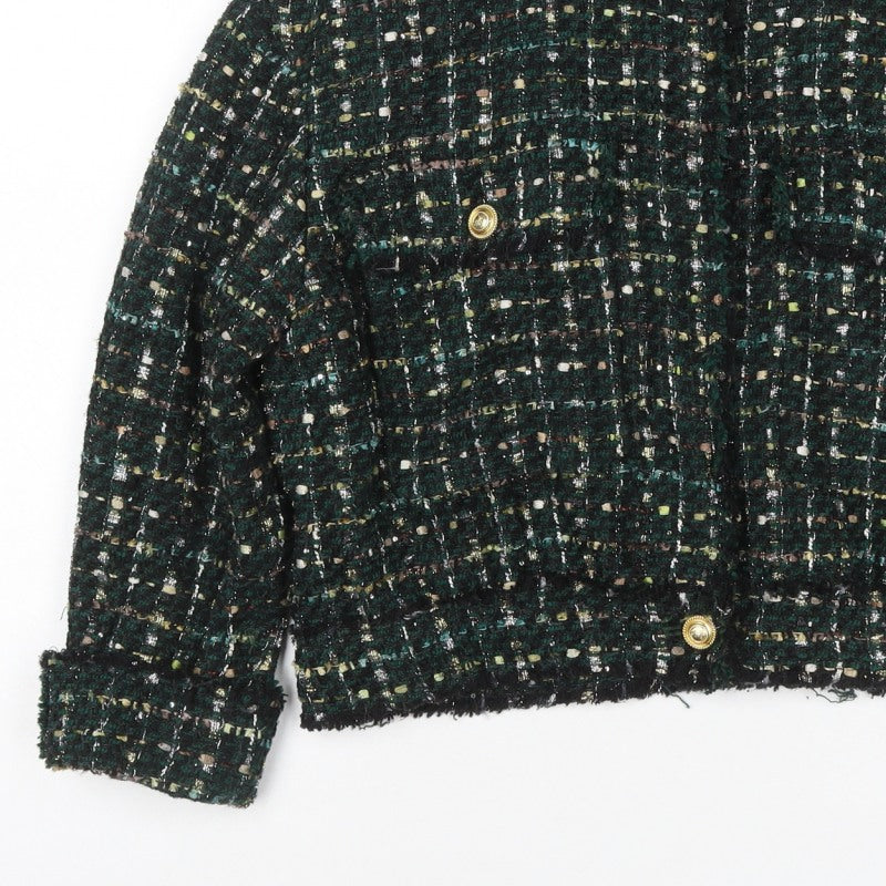Zara Women Green S Bouclé Check Gold Button Double-Breasted Jacket