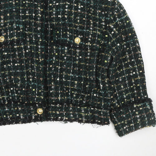 Zara Women Green S Bouclé Check Gold Button Double-Breasted Jacket