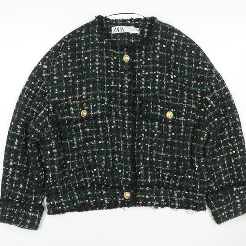 Zara Women Green S Bouclé Check Gold Button Double-Breasted Jacket