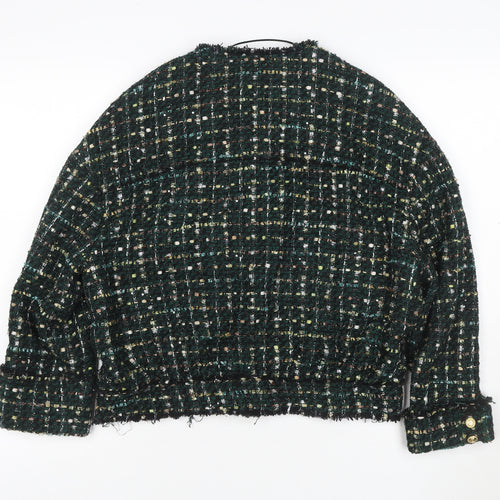 Zara Women Green S Bouclé Check Gold Button Double-Breasted Jacket