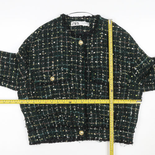Zara Women Green S Bouclé Check Gold Button Double-Breasted Jacket
