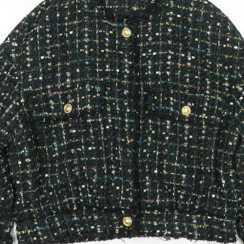 Zara Women Green S Bouclé Check Gold Button Double-Breasted Jacket