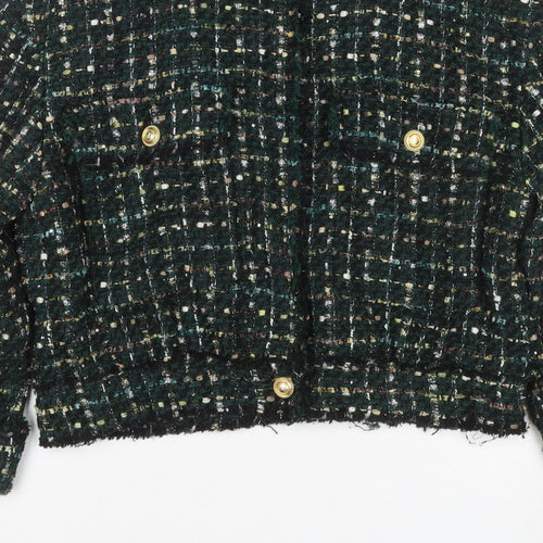 Zara Women Green S Bouclé Check Gold Button Double-Breasted Jacket