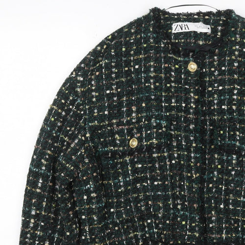 Zara Women Green S Bouclé Check Gold Button Double-Breasted Jacket
