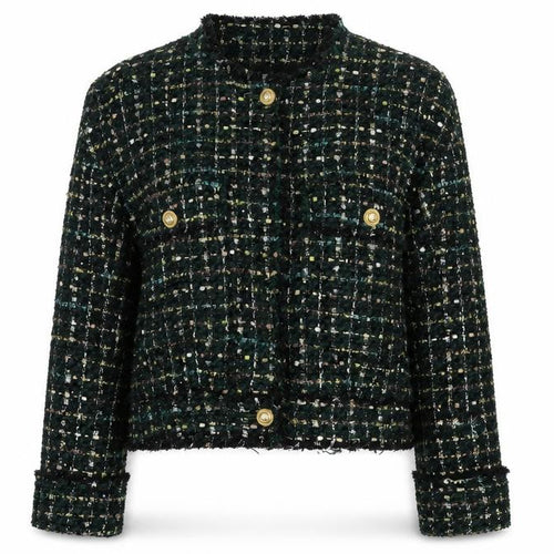 Zara Women Green S Bouclé Check Gold Button Double-Breasted Jacket