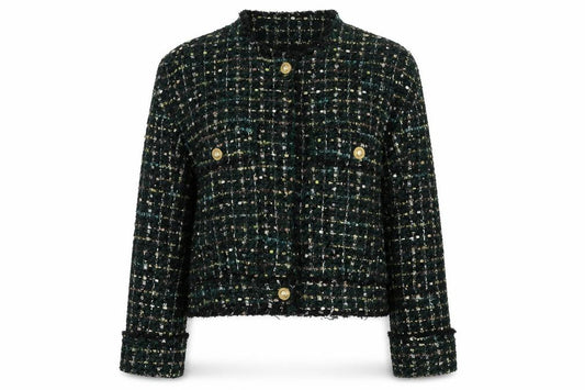 Zara Women Green S Bouclé Check Gold Button Double-Breasted Jacket