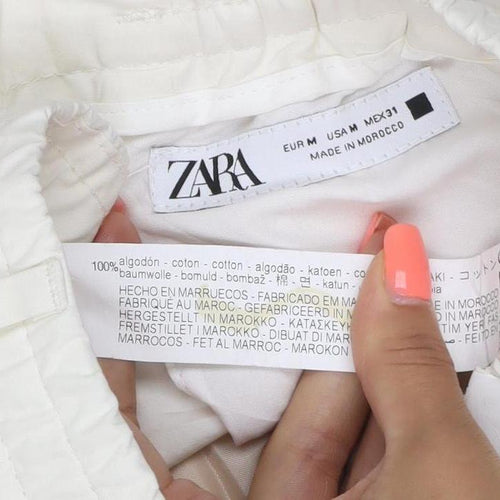 Zara Women Ivory M Wide Leg Mid Rise Cotton Drawstring Trousers